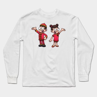 Chinese Boy And Girl Wearing Traditional Clothes Long Sleeve T-Shirt